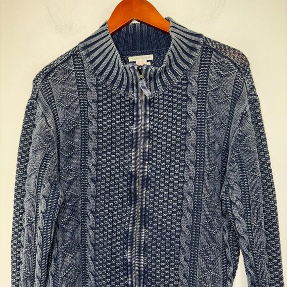 Carbon 2 Cobalt Sweater Size L Stavenger Blue Full Zip Cable Knit Linen Cotton - Picture 8 of 13